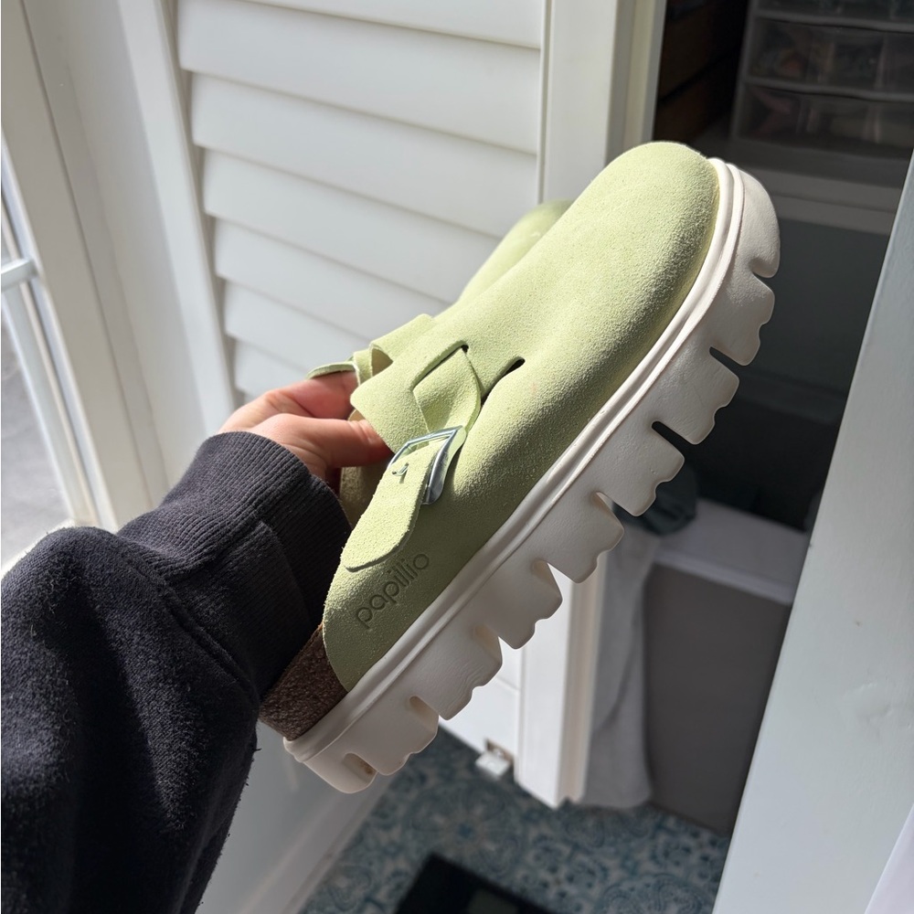 Papillio soft Sage Green Suede Clog with Chunky White Sole- like new!